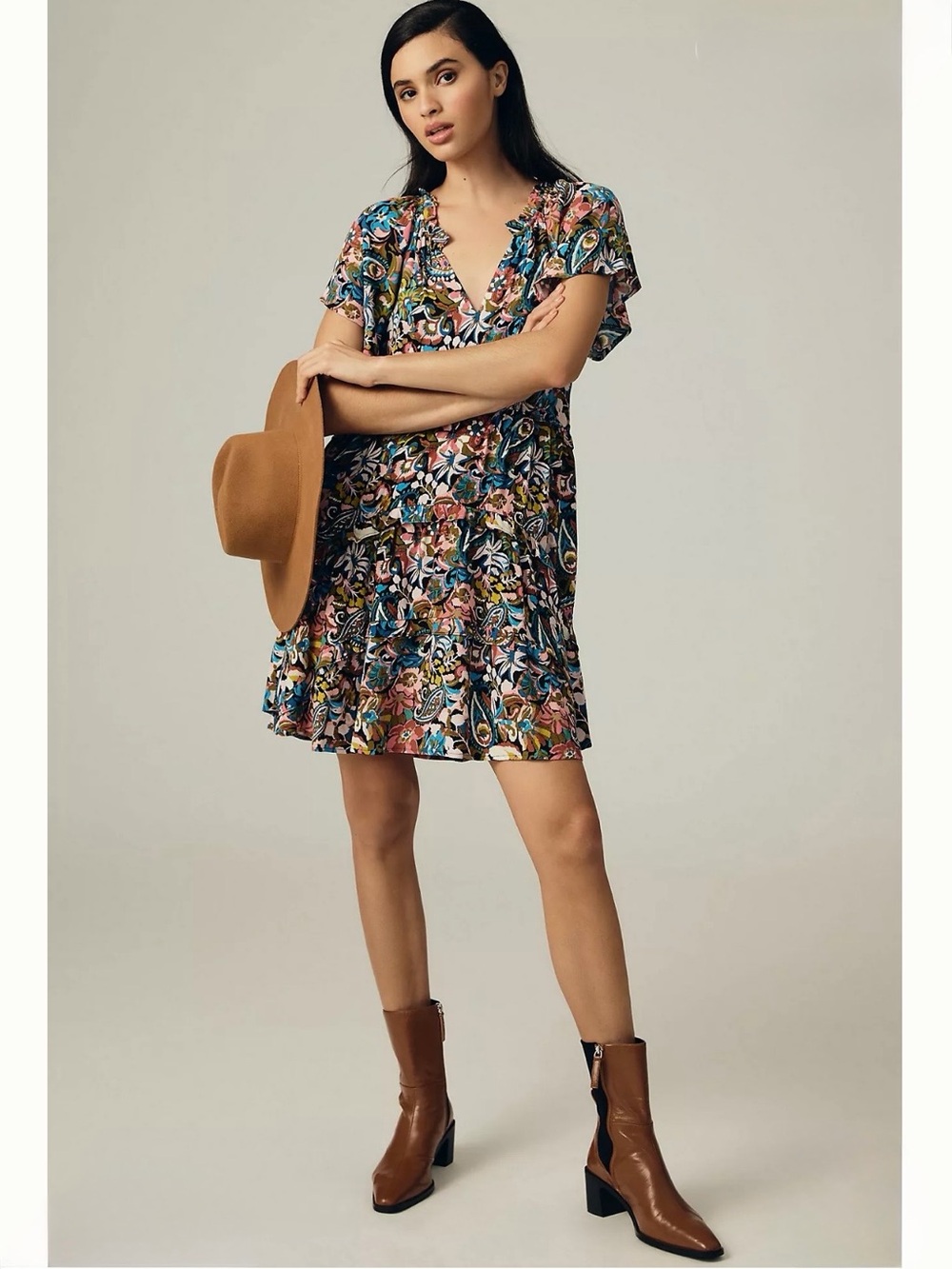 Anthropologie Multicolor Paisley Flutter-Sleeve Mini Dress